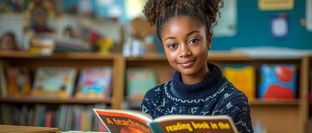 Young Girl Reading Book in Library