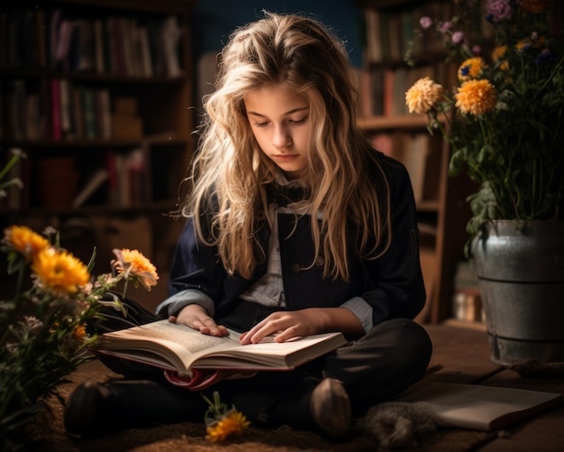 a young girl reading a book in a room with flowers