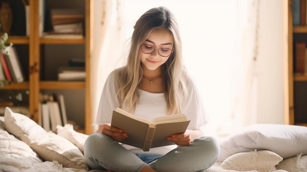 Foto giovane ragazza che legge il libro nella stanza