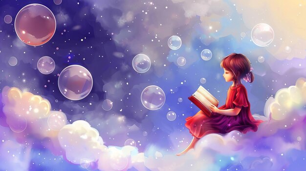 Young girl reading a fantasy book among magical clouds