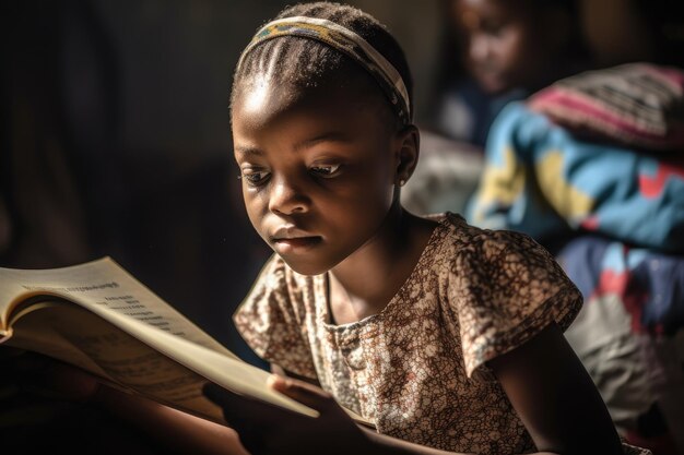 A young girl reading a story to the class in her school created with generative ai