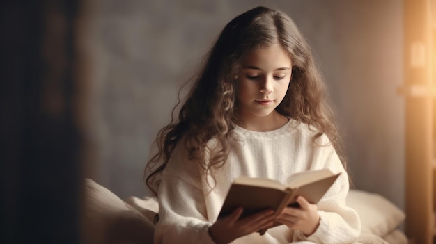 Young girl reads book Illustration AI GenerativexA