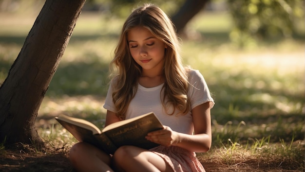 молодая девушка читает книгу в парке под деревом