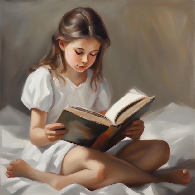 A young girl reads an interesting book on a light white background