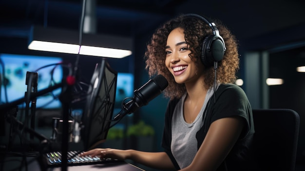 Young girl records a podcast in her home office