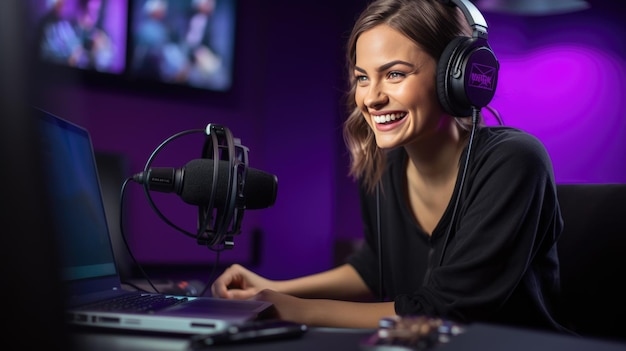 Young girl records a podcast in her home office