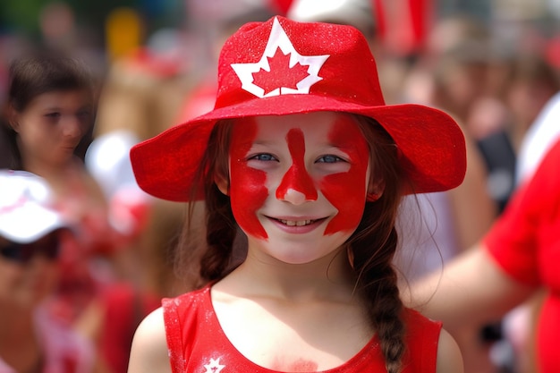 Молодая девушка в красной шляпе с канадским флагом на лице