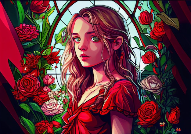 Young girl in red roses flowers bloom