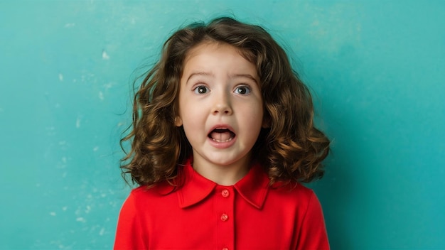 Photo young girl in red shirt feels surprized