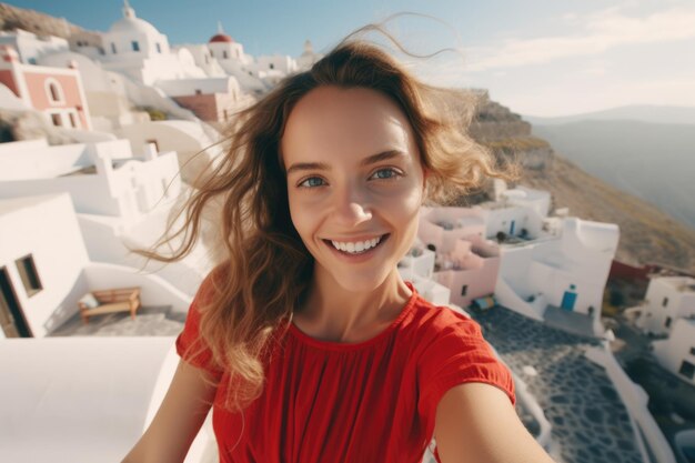 A young girl in red taking selfie during her trip in Santorini with happy face Vacation travel concept AI generated