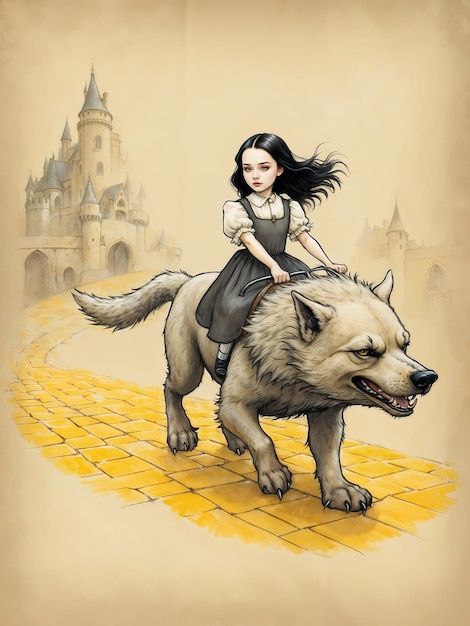 Photo a young girl rides a dire wolf