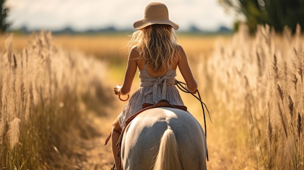 Photo young girl riding a horse in the countryside