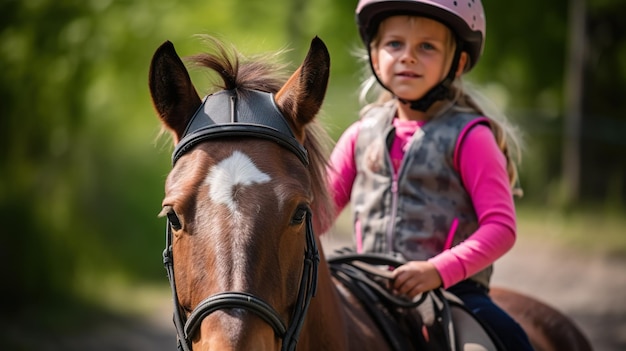 A young girl riding a horse wearing a pink shirt and a pink vest.