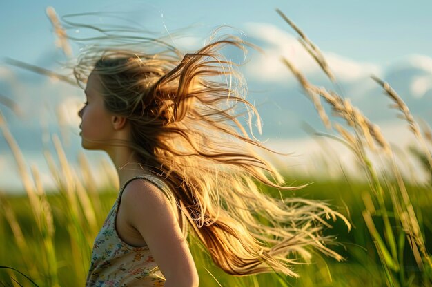 Photo young girl running through tall grass