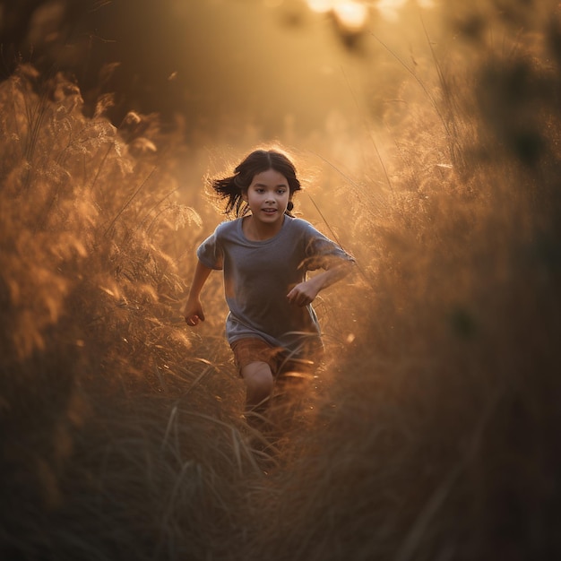 A young girl runs through a field of tall grass with the sun shining through her eyes.