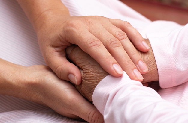 Young girl's hand touches and holds an old woman's wrinkled hands.