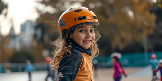 Young girl in safety helmet enjoying outdoor activities candid childhood moments captured ideal for family and health themes AI