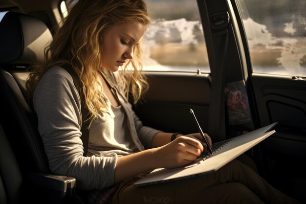 若い女の子が道路旅行で車の中で絵を描きながら座った
