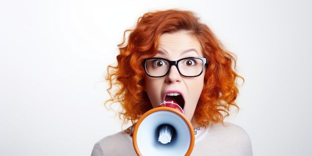 A young girl screams loudly into a bullhorn standing against the background of a white wall Generative AI