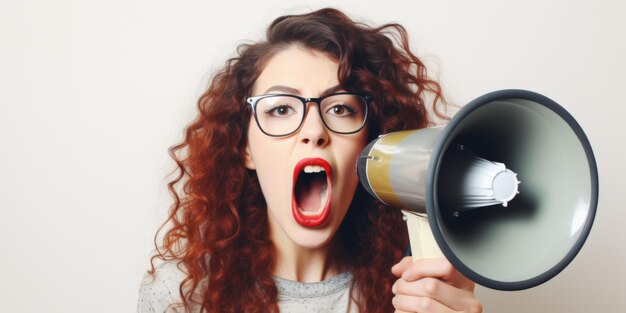 A young girl screams loudly into a bullhorn standing against the background of a white wall Generative AI