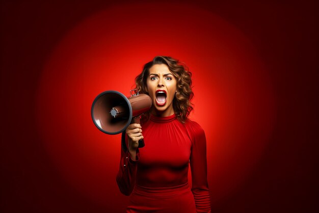 Young girl shouting into loudspeaker isolated on red background Copy space