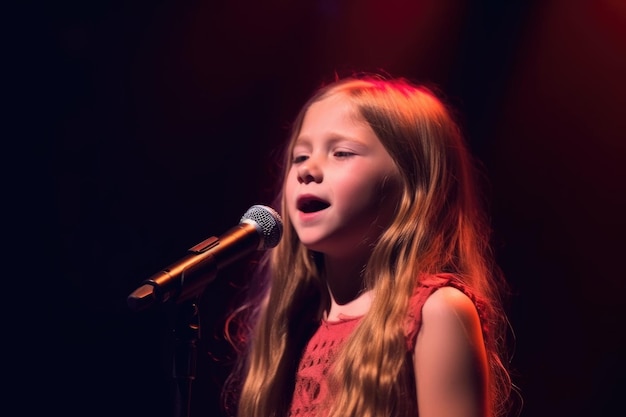 A young girl singing on stage during a concert