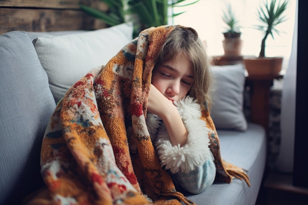 A young girl sits comfortably under a warm blanket on a couch sick little girl looking sick from the flu at home AI Generated