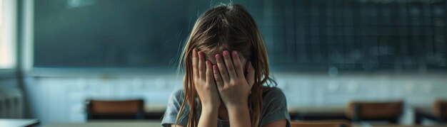 A young girl sits distraught in a classroom setting covering her face with her hands