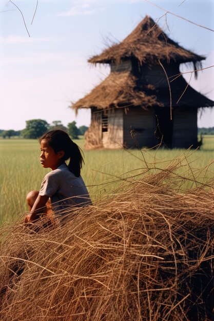 A Young Girl Sits Near a Large Stack of hay