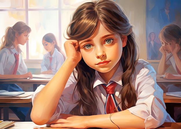 Young girl sits in a school classroom surrounded by her peers Drawn schoolgirl studying at a table in a classroom Generated AI