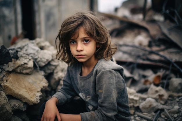 Young girl sitting amidst ruins