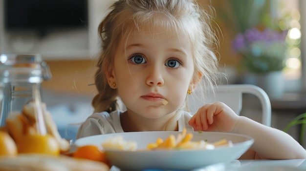写真 テーブルに座っている若い女の子と皿の食べ物 家族の食事のコンセプトに適しています