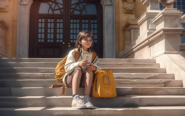 Young Girl Sitting on Building Steps