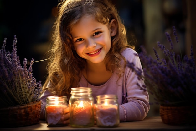 A young girl sitting behind candles bokeh style background