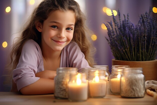 A young girl sitting behind candles bokeh style background