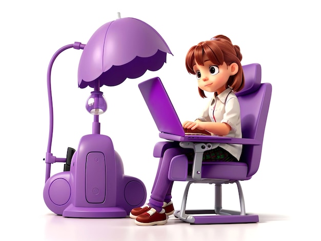 Молодая девушка сидит на стуле, работает и придумывает красивые бизнес-идеи 3D-иллюстрация