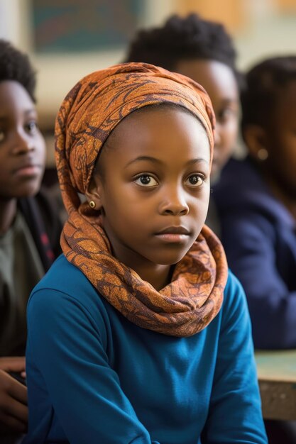 생성 AI로 만든 동료 학생들에 둘러싸여 교실에 앉아 있는 어린 소녀