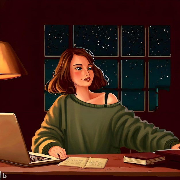 A young girl sitting at a desk in a window at night illustration cartoon