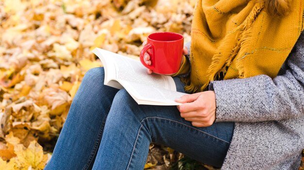 Foto ragazza giovane seduta su una foglia autunnale caduta che legge un libro e tiene una tazza con una bevanda calda in un parco umore autunnale ricreazione all'aperto