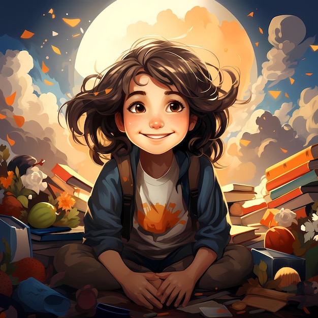 Young girl sitting on the ground in front of pile of books Generative AI