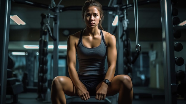 Foto giovane ragazza seduta in palestra