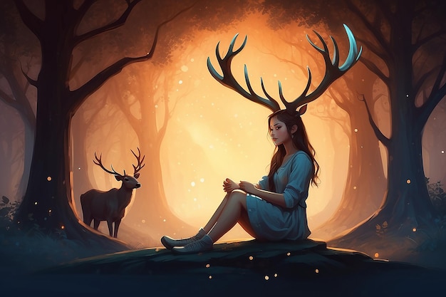 The young girl sitting on her magic stag with the glowing horns digital art style illustration painting