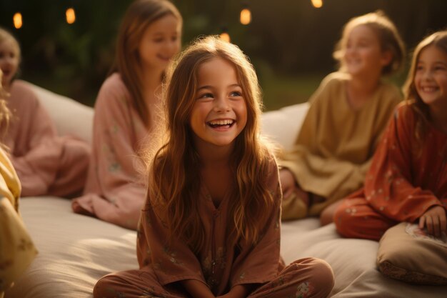 young girl sitting on a pillow surrounded by friends warm and friendly atmosphere