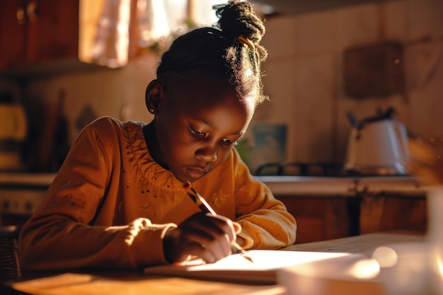 Photo a young girl sitting at a table focused on writing on a piece of paper perfect for educational or creative projects