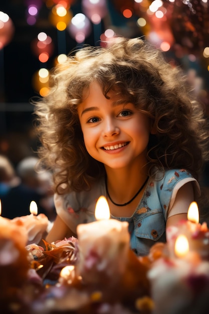 Young girl sitting at table with candles in front of her Generative AI