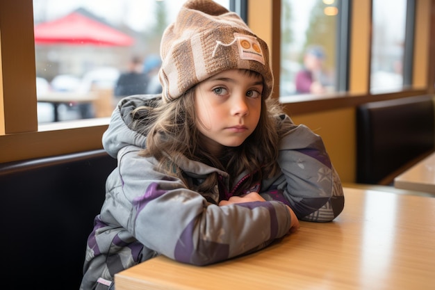 a young girl sitting at a table with a hat on