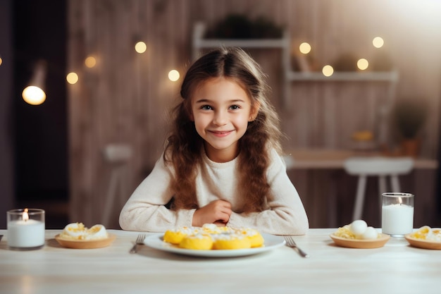 A young girl sitting at a table with a plate of scrambled eggs in front of him and smiling