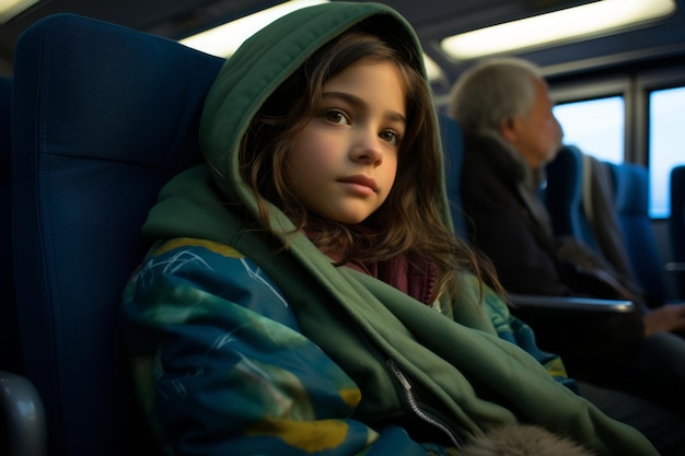 a young girl sitting on a train