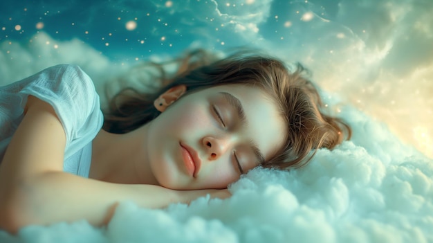 A young girl sleeping on a bed of clouds