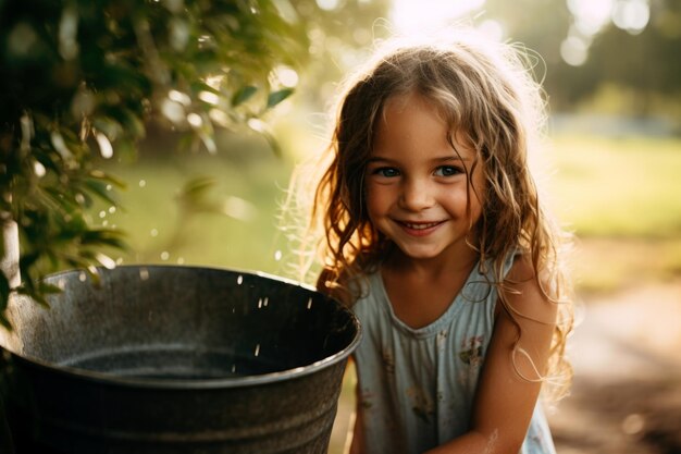 A young girl smiles beside a bucket The concept captures a moment of pure joyful childhood